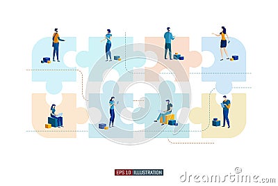 Office workers planing business mechanism, analyze business strategy and exchange ideas. Puzzle pieces. Teamwork concept. Vector Illustration